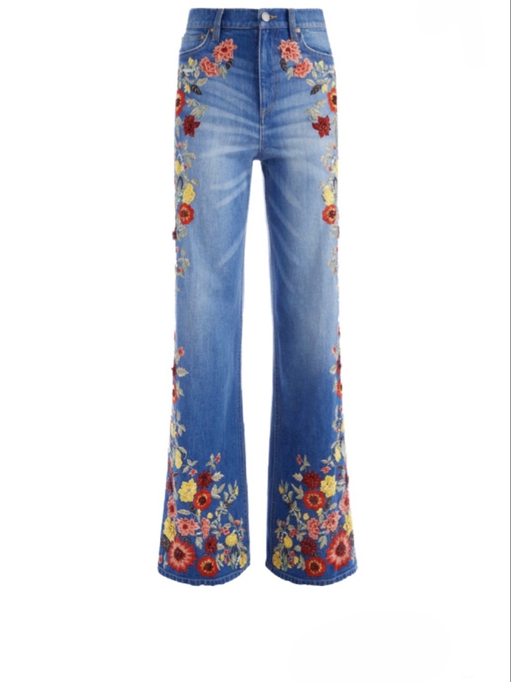 Alice + Olivia ~ Size 27 ~ Blue Denim W/ Multi-Colors Embroidery Floral Jeans - Picture 2 of 16